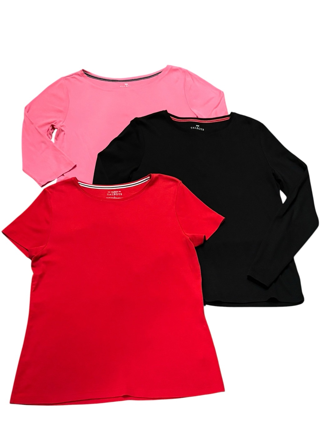 Talbots 3-Piece Cotton Long Sleeve & Short Sleeve Tops In Pink, Black & Red, L